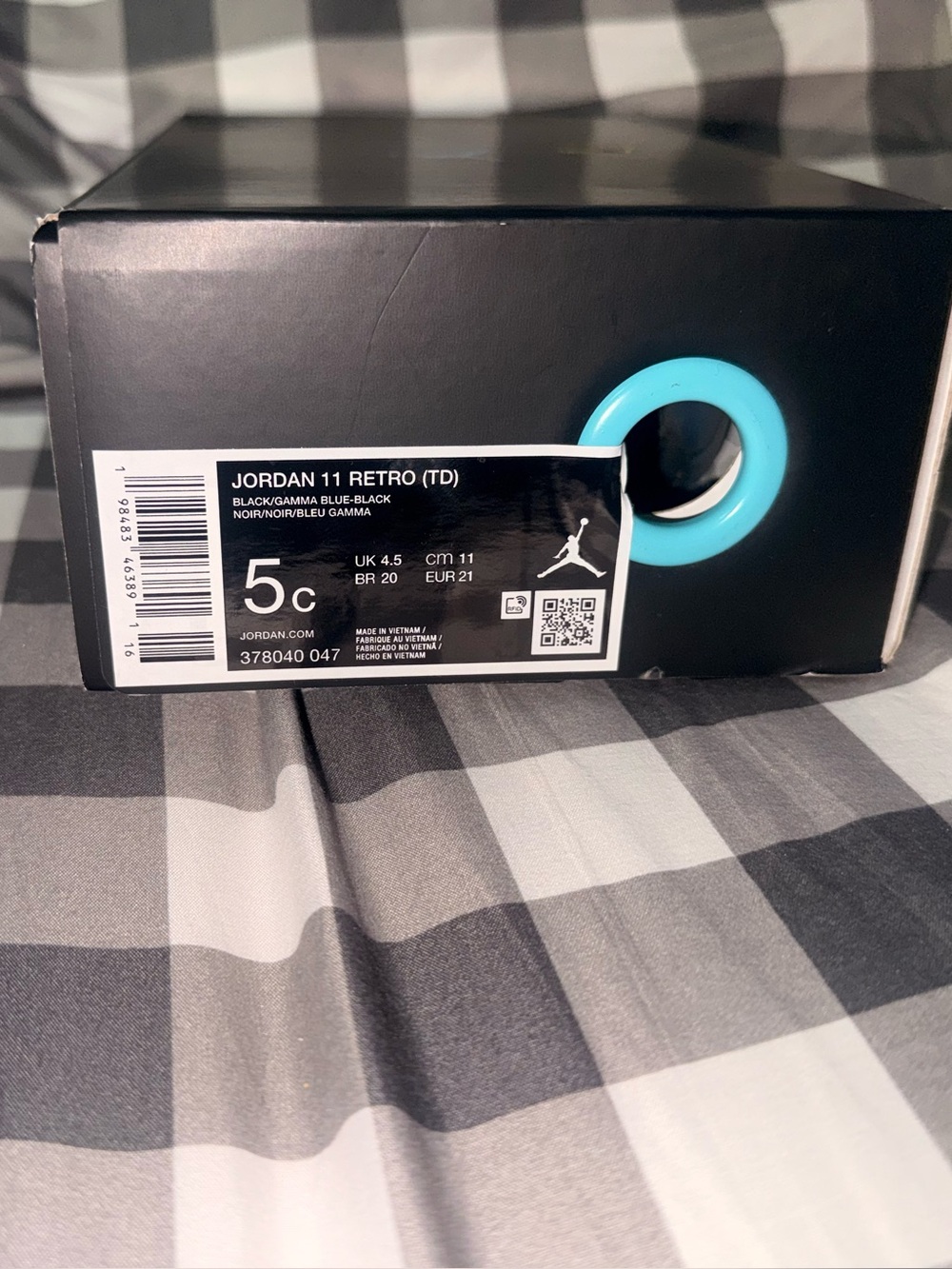 Jordan 11 Shoe Box in Black with Bright Blue Gum Bottom